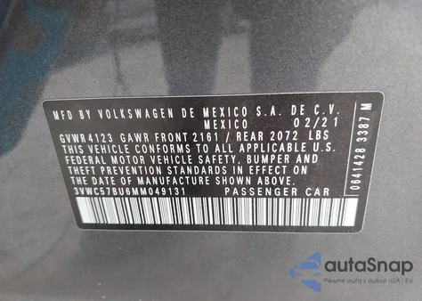 2021 Volkswagen Jetta 1.4T R-Line/1.4T S/1.4T Se z USA, uszkodzony, nr VIN 3VWC57BU6MM049131